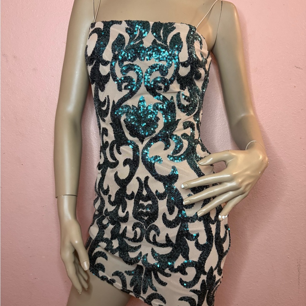 Windsor Sequin Strapless Bodycon Mini Dress | Nude Mesh & Teal Sequins